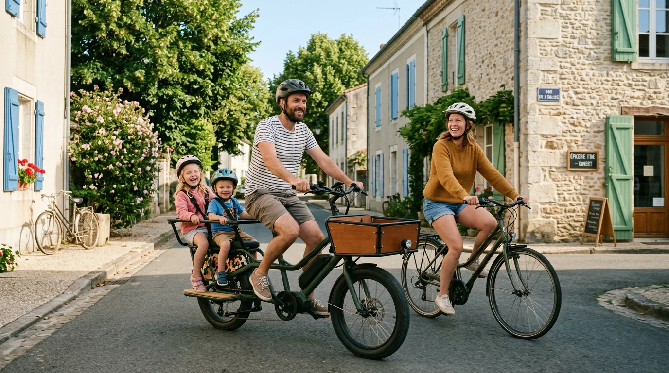 Famille européenne roulant sur un vélo cargo électrique dans une rue française
