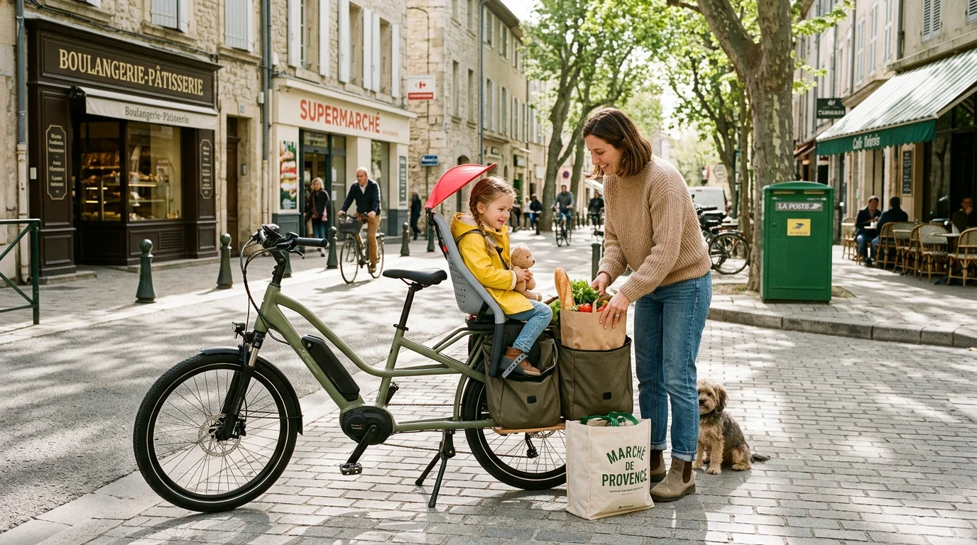 Famille européenne transportant deux enfants et des courses sur un vélo cargo longtail électrique en ville
