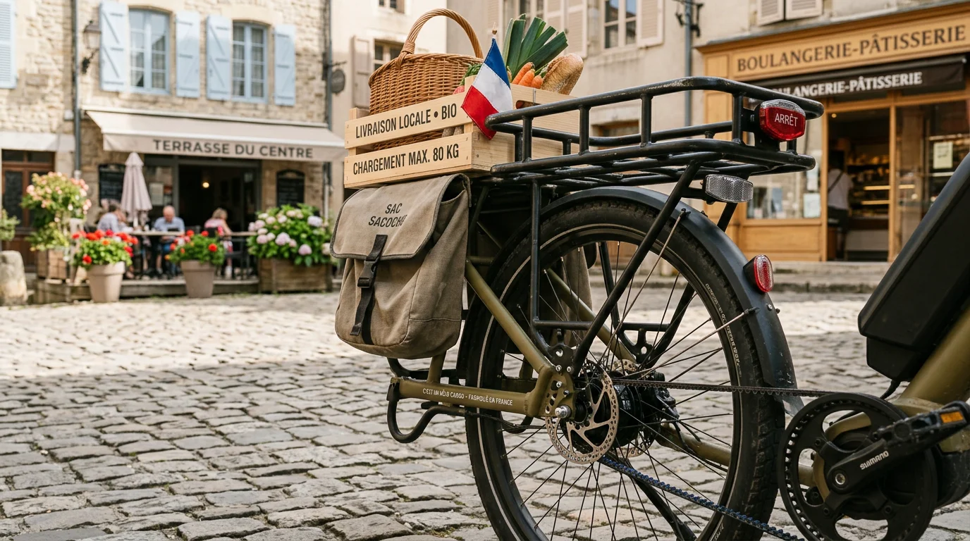 Gros plan sur le porte-bagages renforcé, le frein à disque et la courroie d'un vélo cargo