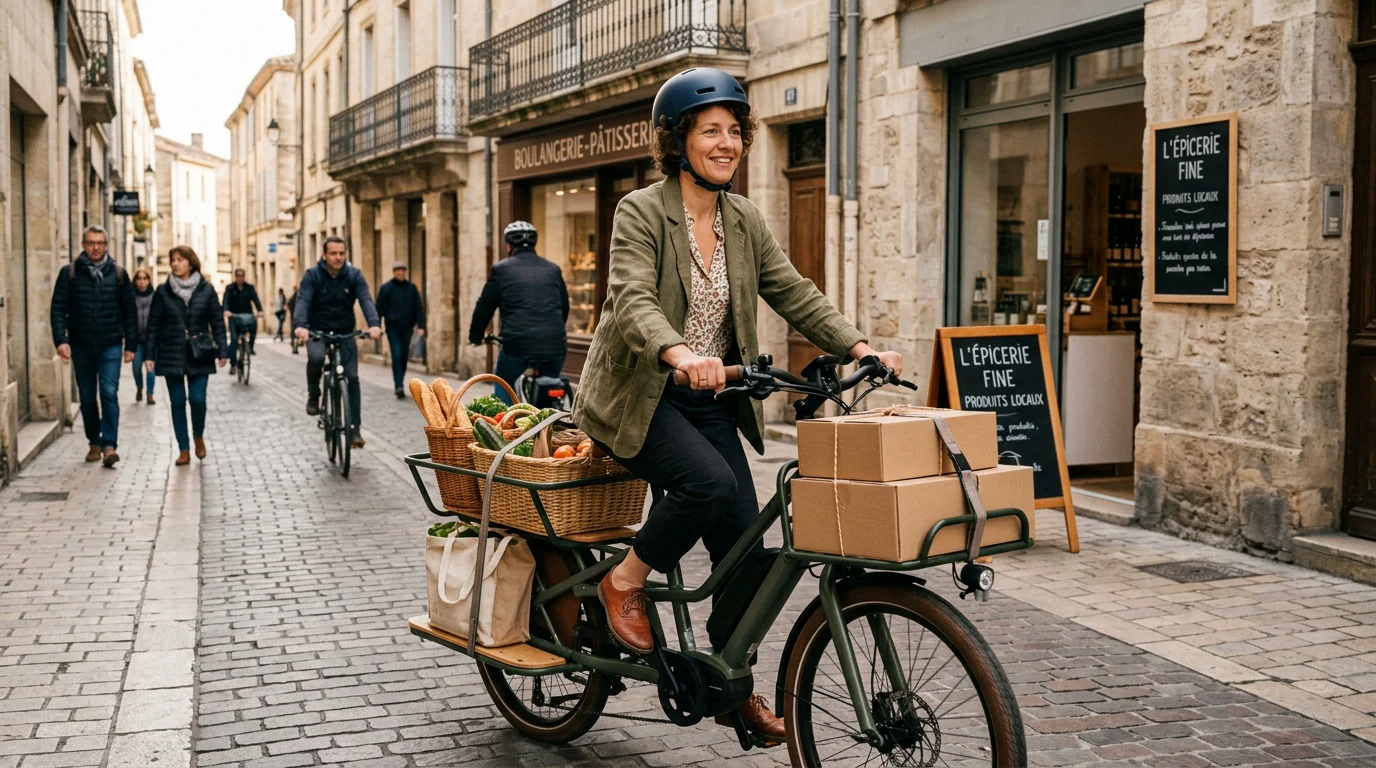 Un professionnel roule en vélo cargo électrique longtail chargé en ville
