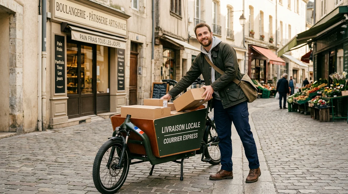 Un livreur charge des colis dans un vélo cargo électrique en ville