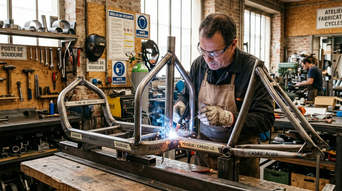Un artisan assemble un cadre de vélo cargo dans un atelier français