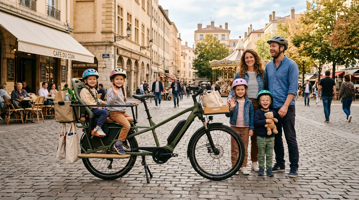 Vélo cargo électrique stationné bien droit sur sa béquille centrale sur une place française