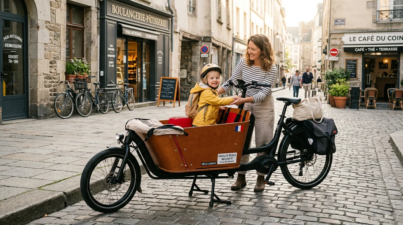 Vélo cargo stationné bien droit sur sa béquille centrale dans une rue française