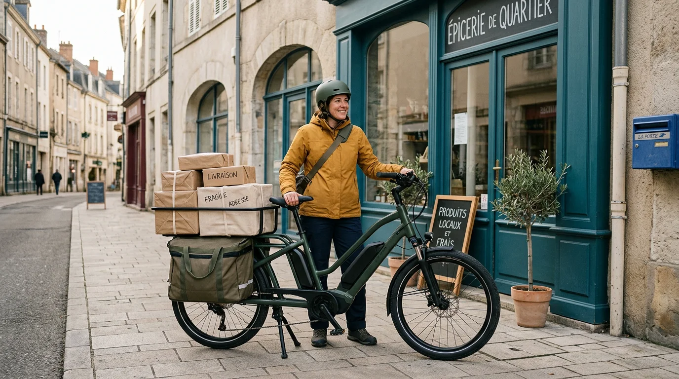 Coursier stationnant un vélo cargo chargé sur sa béquille centrale devant un commerce