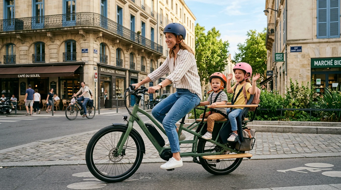 Un parent européen roule en vélo cargo électrique longtail avec deux enfants en ville