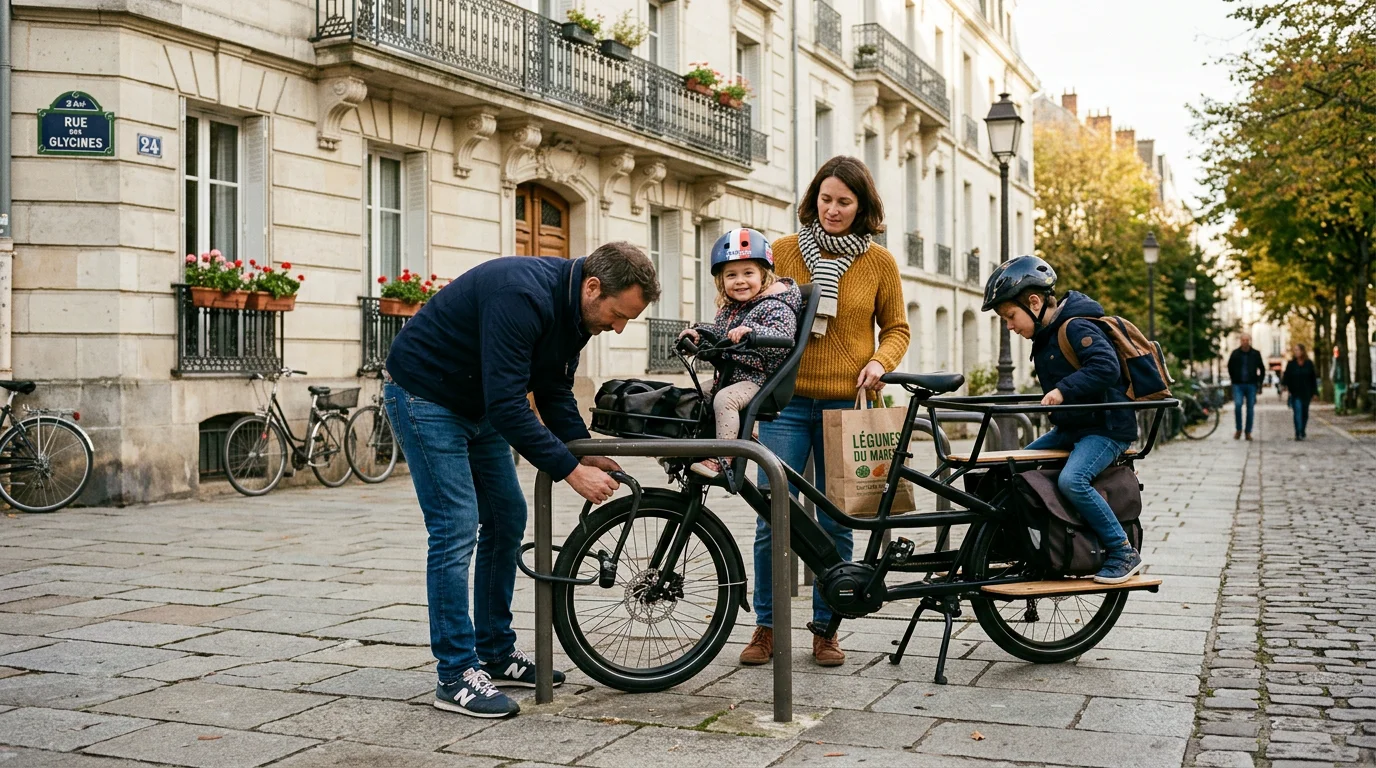 Une famille européenne attache son vélo cargo électrique longtail devant un immeuble