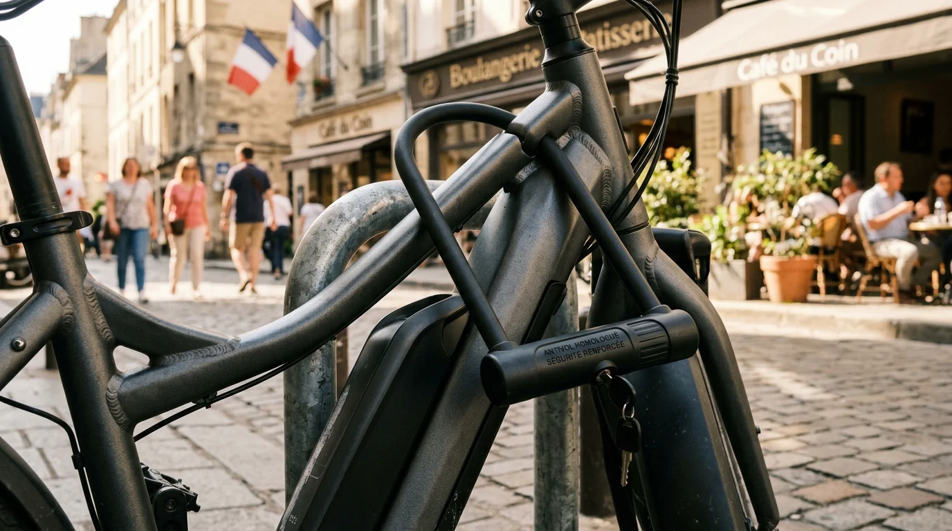 Antivol en U fixant le cadre d'un vélo cargo électrique à un point fixe